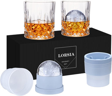 Whiskey Rocks Glass, Set of 4 (2 Crystal Bourbon Glasses, 2 Round Big Ice Ball Molds) In Gift Box - 10 Oz Old