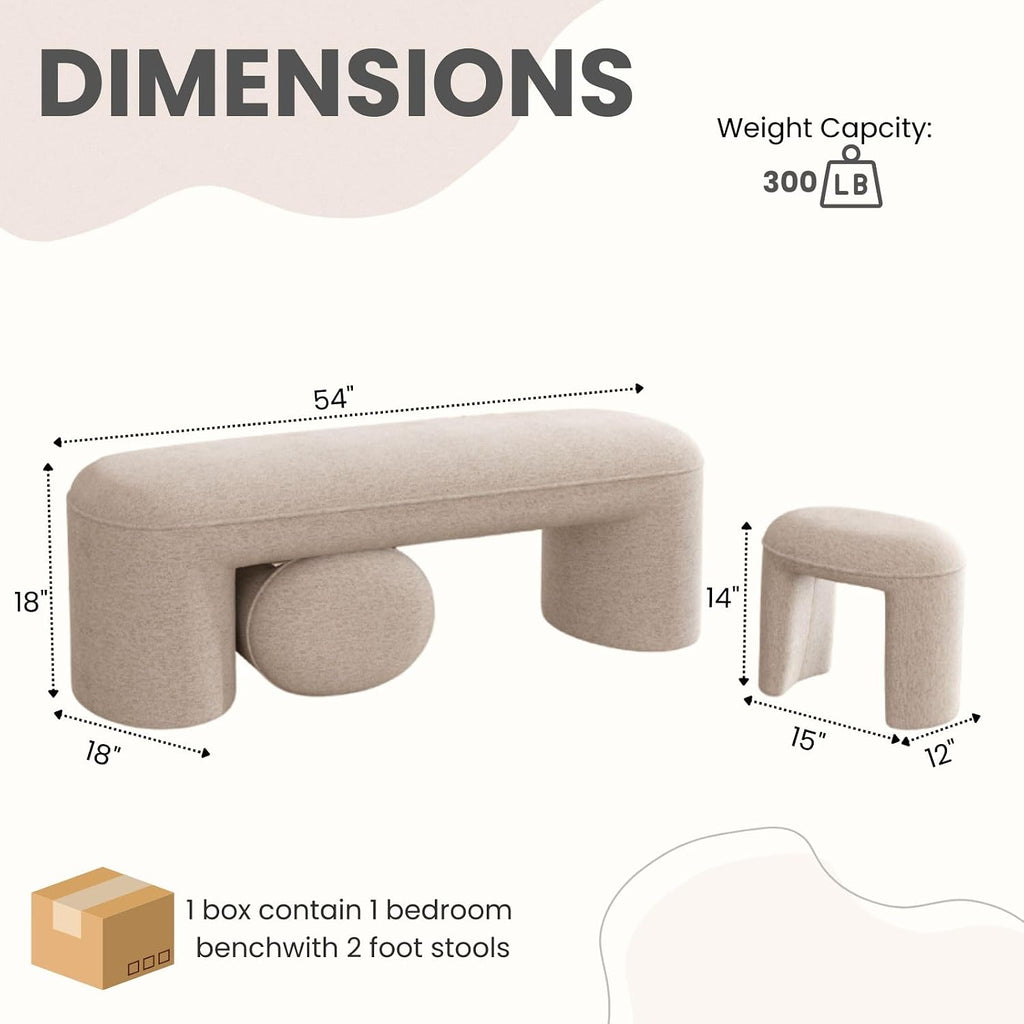 53" Upholstered End of Bed Bench with 2 Nesting Ottoman Stools, Modern Chenille Bedroom Bench for King/Queen Bed