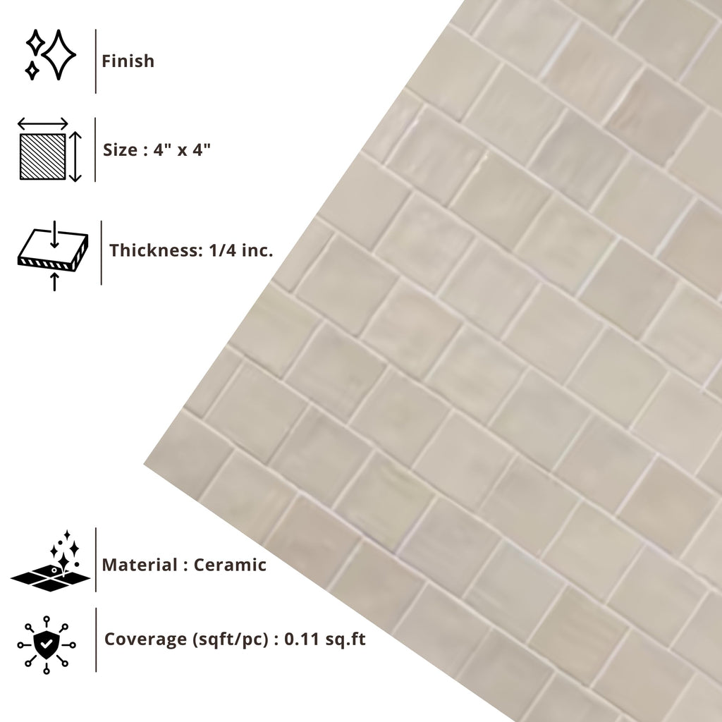 4x4 Inch HTCFD Premium Quality Almond Matte Zellige Ceramic Tile with Subtle Shimmer | Handmade Look Moroccan Square