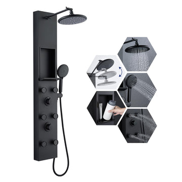 Shower Panel Tower System with Shelf & 6 Body Jets, Matte Black