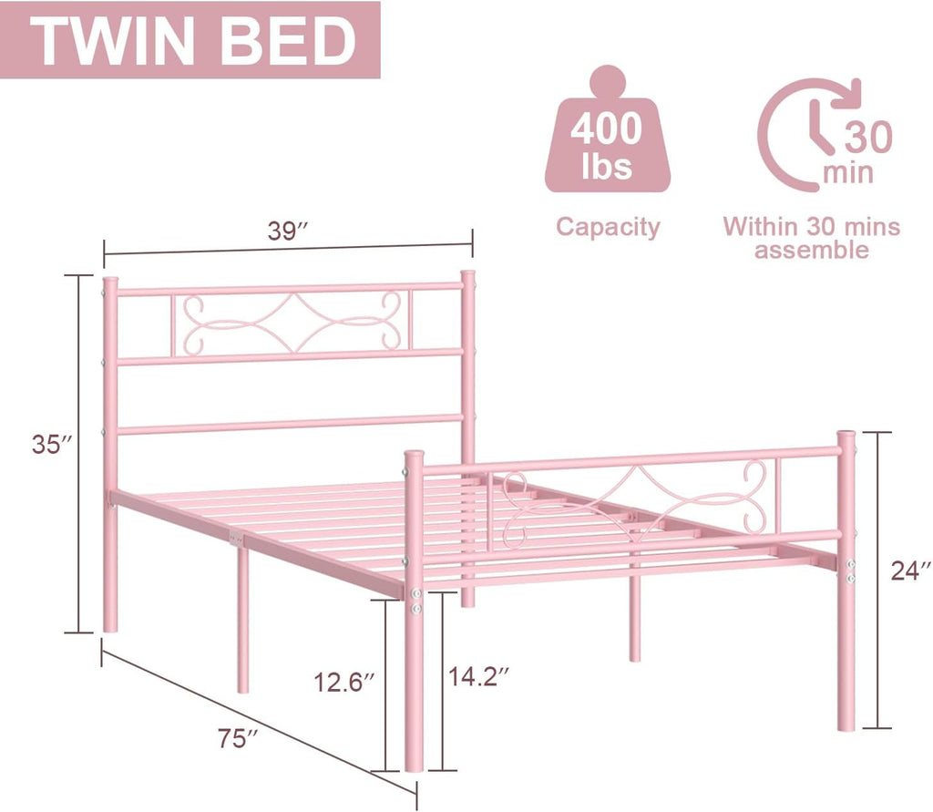 14" Twin Size Pink Metal Platform Bed Frame with Headboard for Kids,Premium Steel Slat Support/No Box Spring