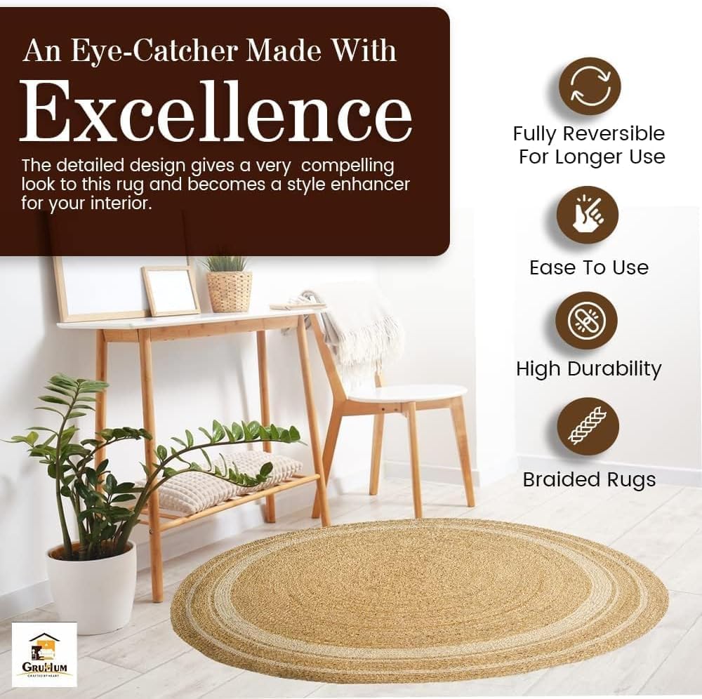 6' ft Round Jute Cotton Area Rug - Natural Fiber Handmade Boho Charm Farmhouse Jute Area Rug Soft Br