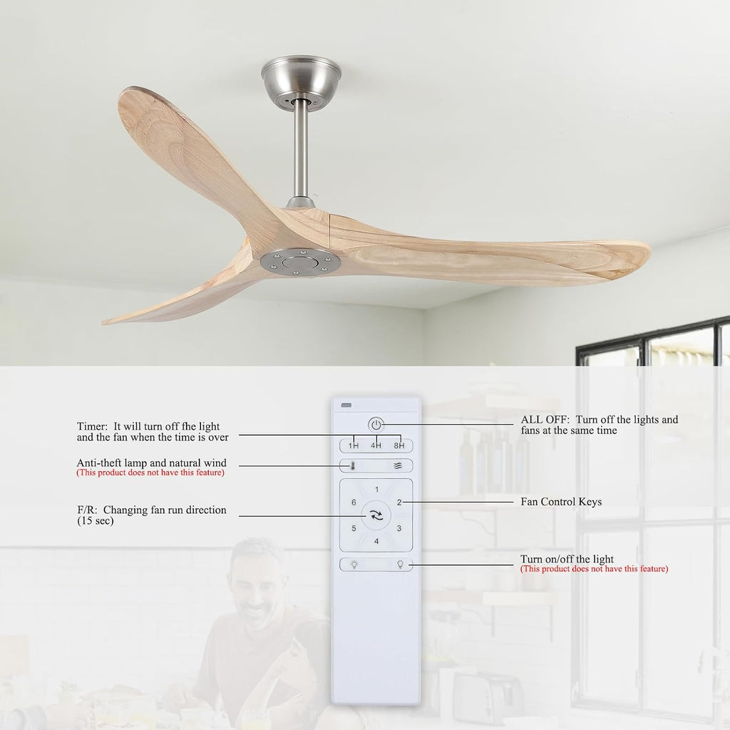 Inspired Maverick Style 52" Modern Ceiling Fan, No Light, 6-Speed, Reversible, Timed Shutdown, DC Motor, Natural Wood 3 Blade, Porch, Bedroom, Living Room