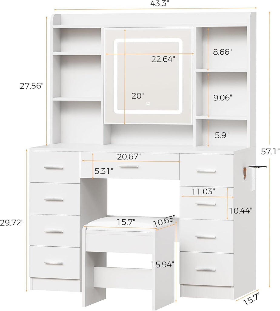 Vanity Desk with Jewelry Storage,Power Outlet and Cushioned Stool | Makeup Vanity Table with Smart LED Mirror,3