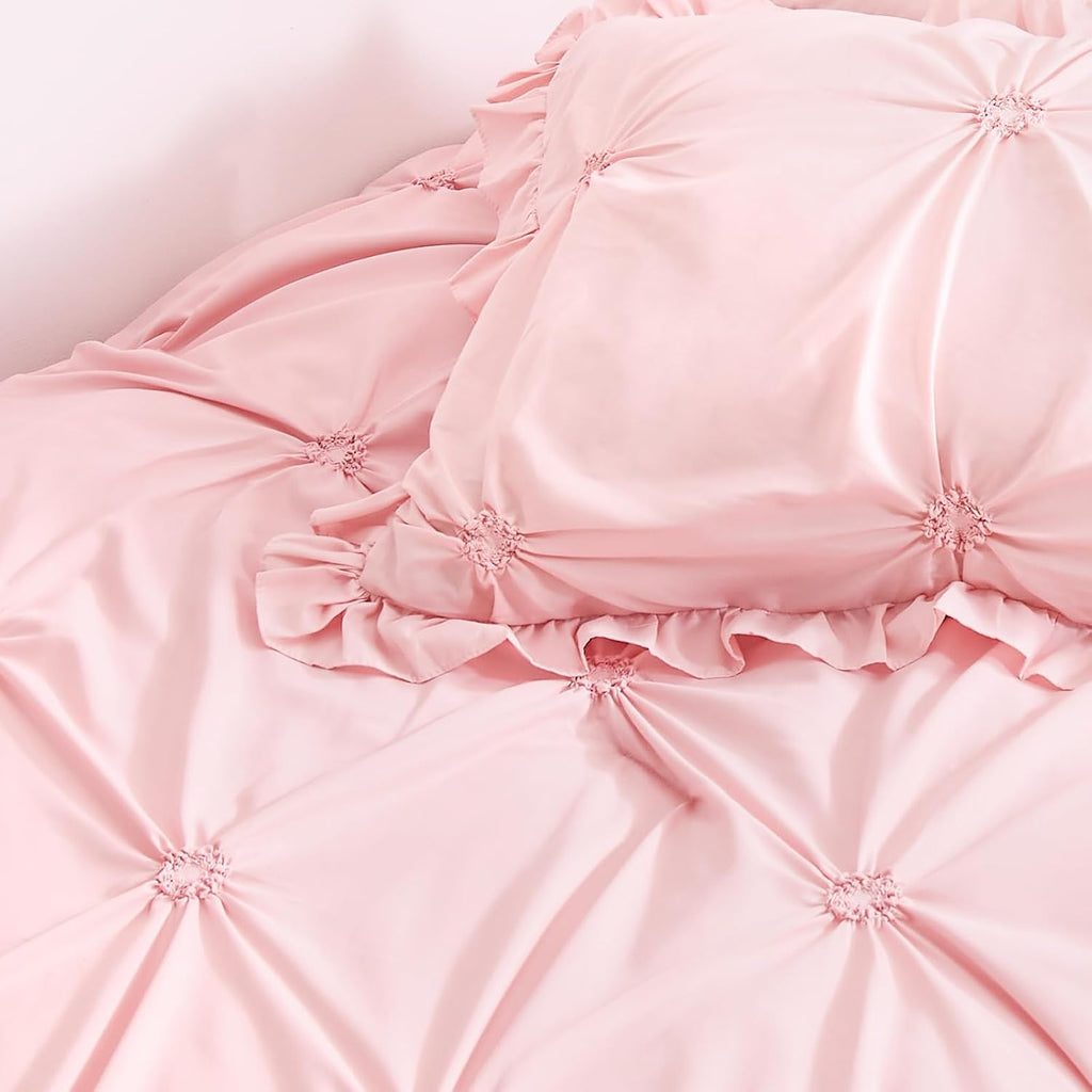 Twin Comforter Set for Girls, Boho Pintuck Bedding Comforter Sets, 4 Pieces Ruffles Jacquard Embroidery Twin Bedding