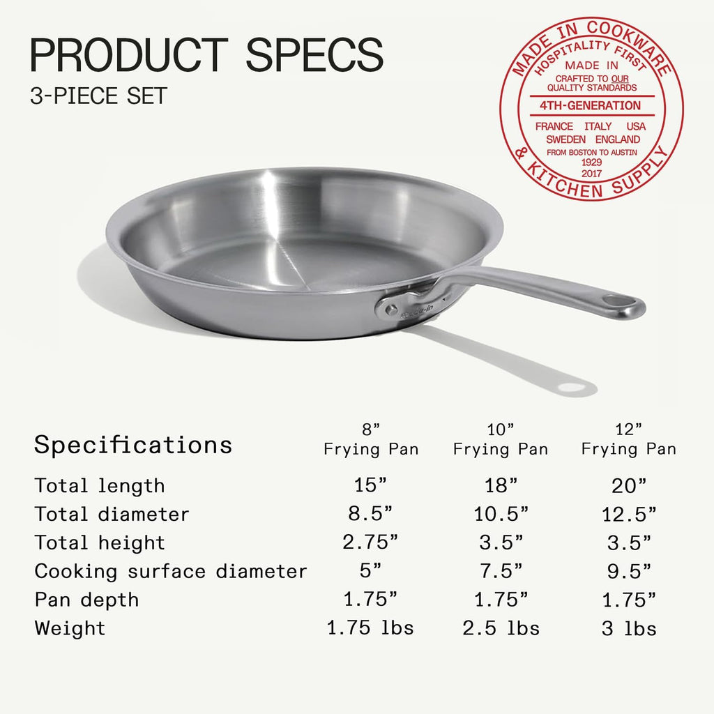 Cookware - 3-Piece (Includes 8",10",12") Stainless Frying Pan Set - 5 Ply Stainless Clad - Professional Cookware