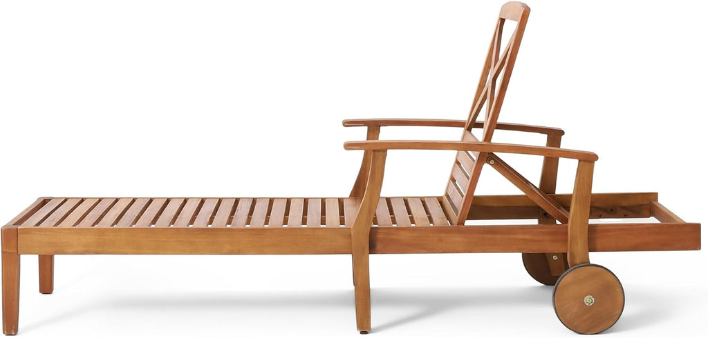 Outdoor Chaise Lounge Pool Sun Lounger Daybed Sofa with Wheels, Teak | 5-Position Adjustable Backrest, Sturdy Solid