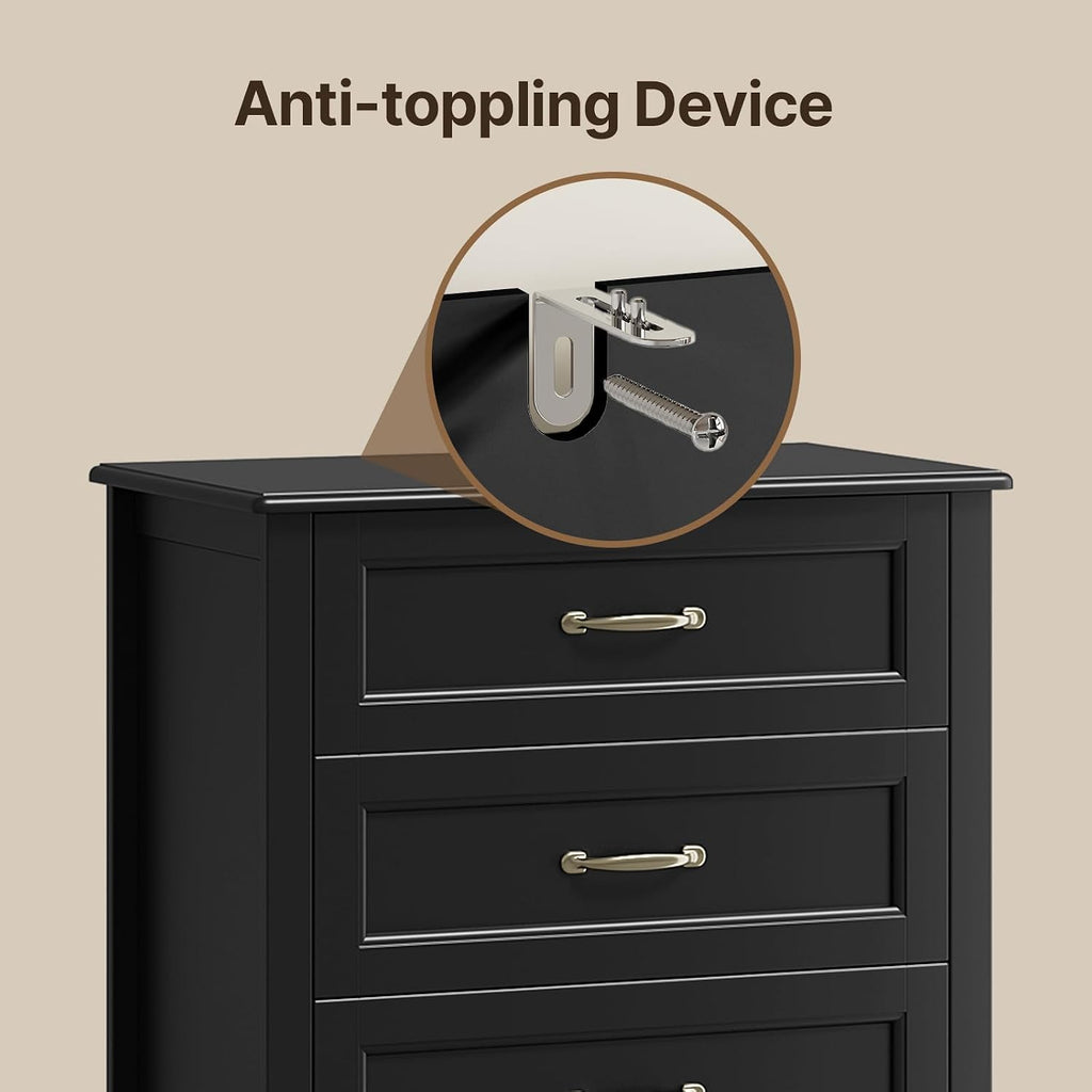 5 Drawer Dresser, Black Wood Chest of Drawers , 43.3" Large Capacity Storage Cabinet with Anti-Tip Device, for