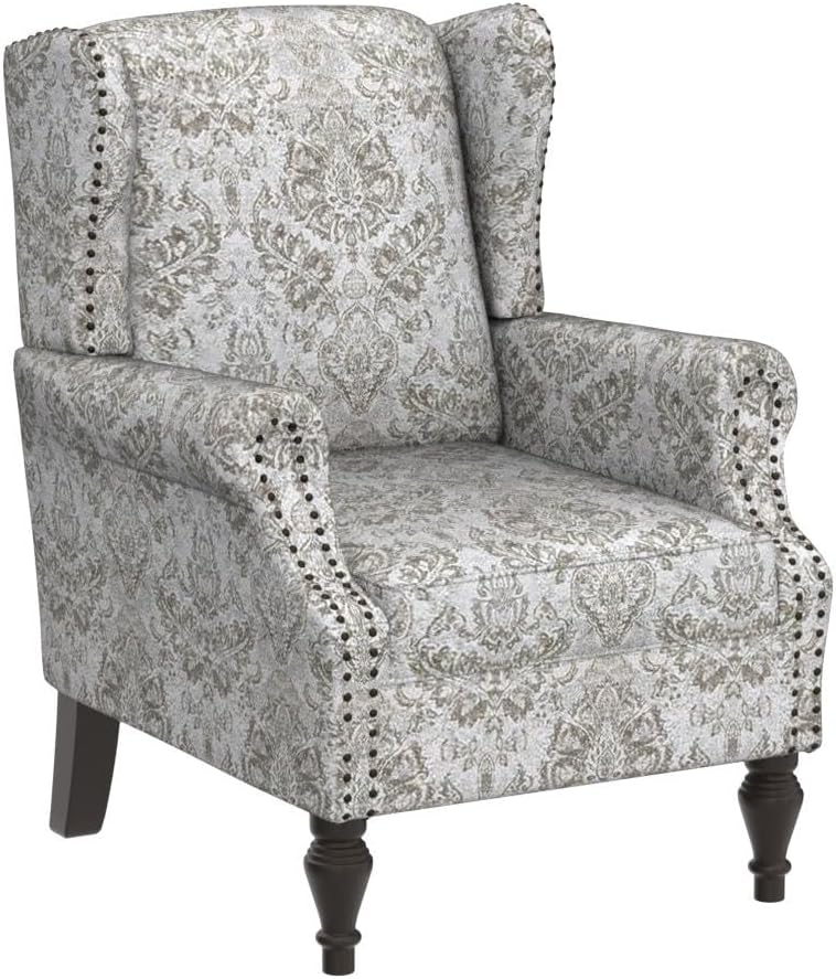Wingback Accent Chair with Floral Pattern Design, Traditional Fabric Armchair with Nailhead Trim and Retro Wooden