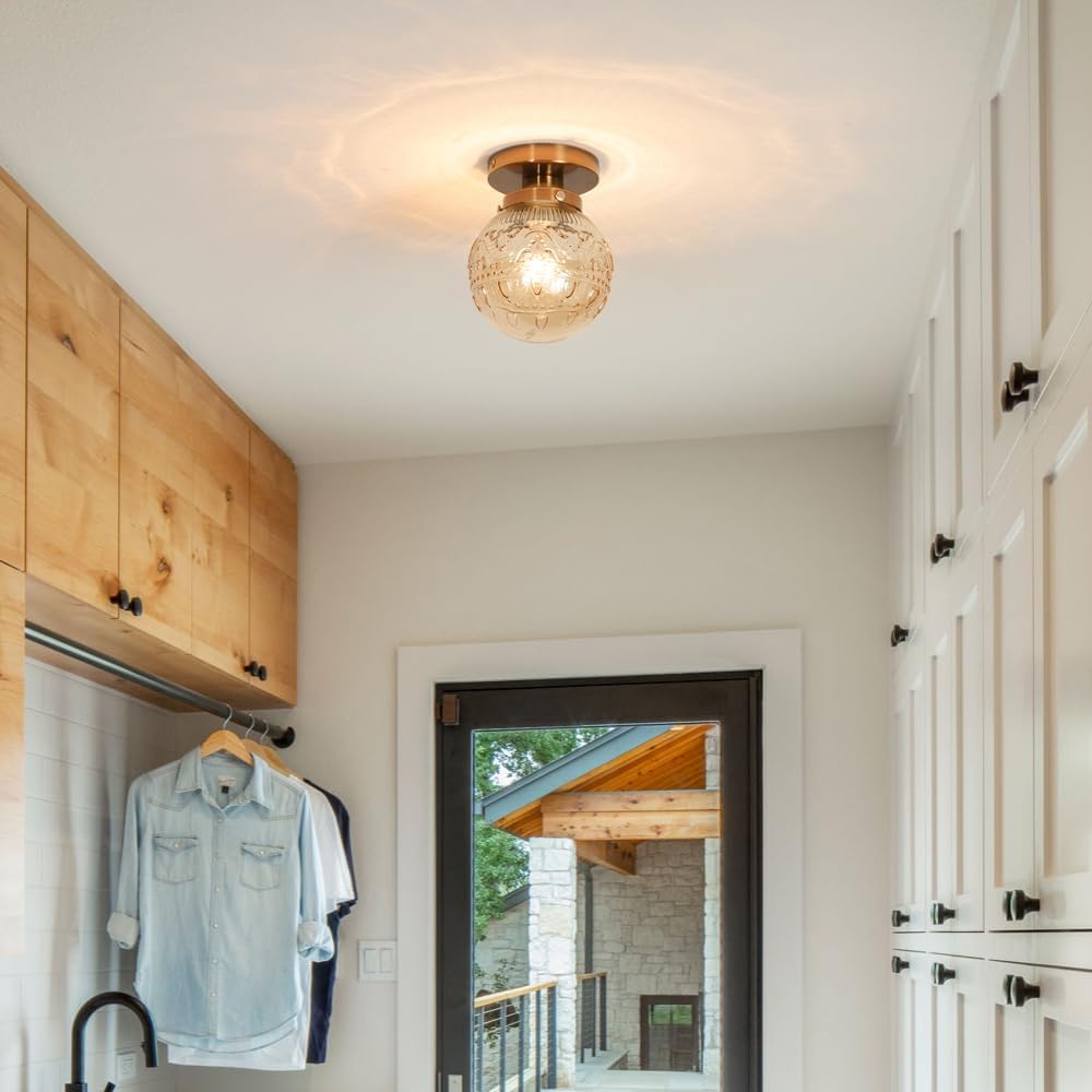 Semi Flush Mount Ceiling Light, Gold Vintage Kitchen Ceiling Lighting Fixture, Amber Globe Glass Close to Ceiling