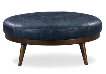 Gio Ottoman - 30" Round with Feather-Down Topper - Full-Grain Leather Upholstery - Couch Ottoman - Vintage Italian