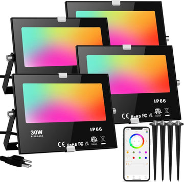 LED Flood Lights RGB Color Changing 300W Equivalent Outdoor, 30W Bluetooth Smart RGB Floodlight APP Control, 2700K&16