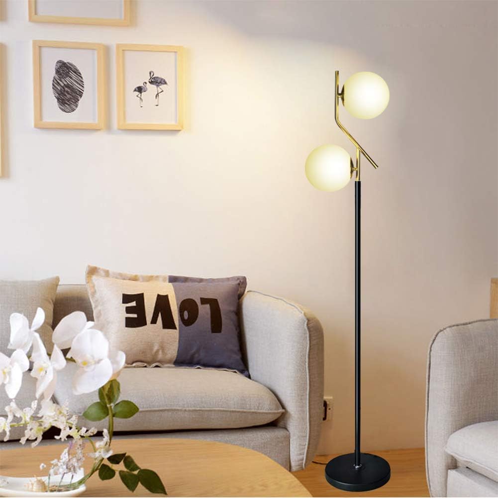 KU300208 Modern Style Two Milky White Glass Orbs and Brass Finish Floor Lamp,Light Pole and Base Black Finish