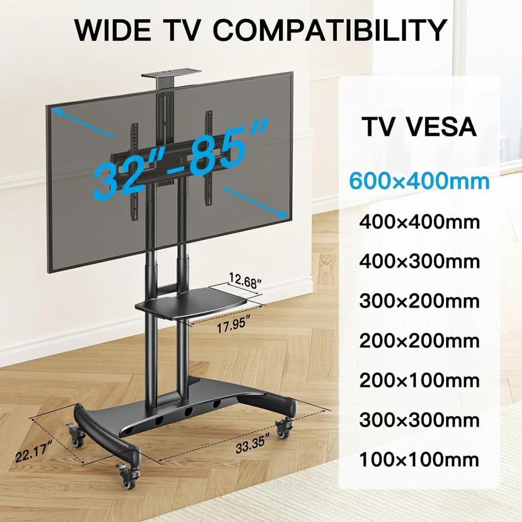 Rolling TV Stand for 32-85 Inch Flat/Curved TVs up to 100 lbs