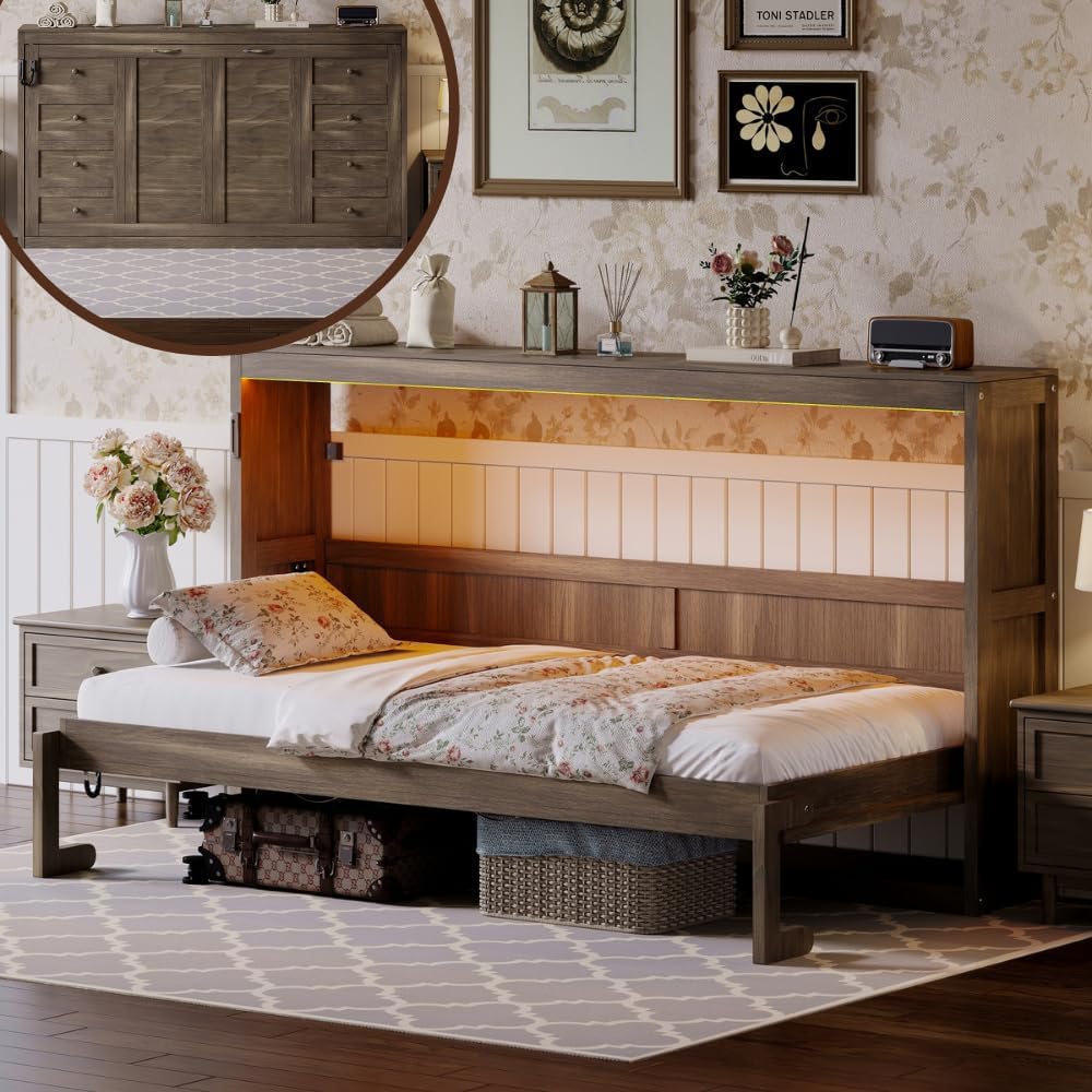 Folding Wall Bed Twin, Hidden Murphy Bed Twin with LED Lights, Space Saving for Bedroom Office, Brown