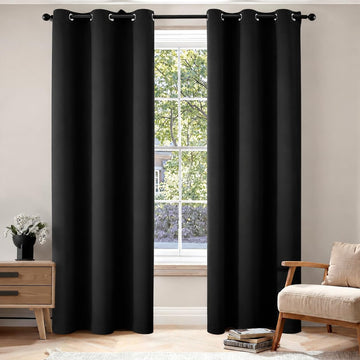 Black Blackout Bedroom Curtains 84 Inch Long Light Blocking