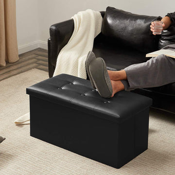 30" Ottoman with Storage, Folding Faux Leather Bench, Black