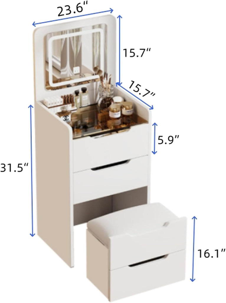 3 in 1 Vanity Desk with Plip Top Mirror, 18.9" D Small Makeup Vanity Set with Visible Glass Desktop, Compact Dressing