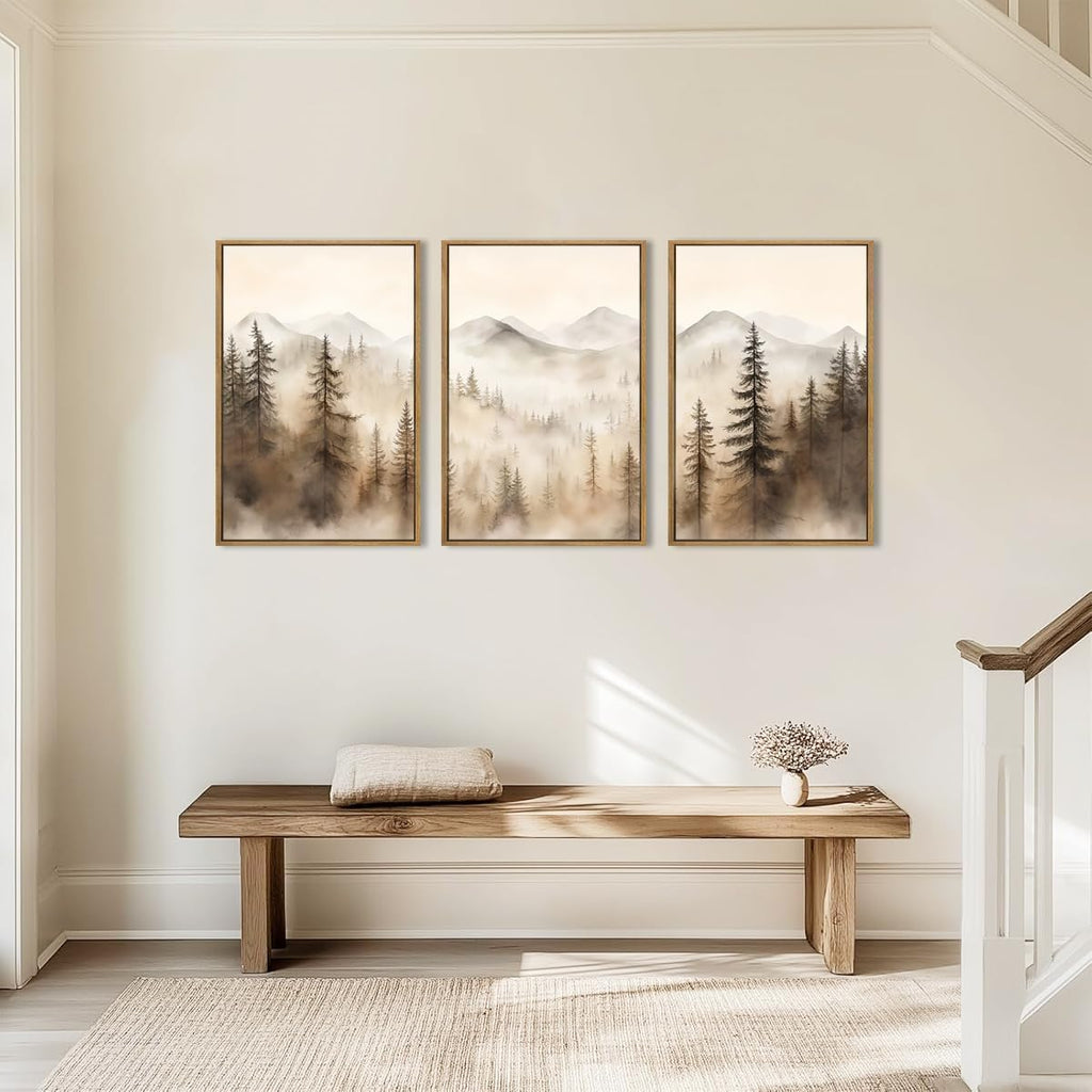 Large Mountain Forest Framed Canvas Wall Art 16x24 Inch Set of 3 Abstract Misty Woodland Painting Modern Farmhouse