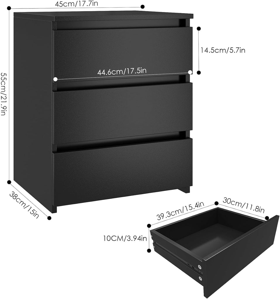 Nightstands Set of 2 with 3 Drawers, Black Nightstand Bedside Table Set of 2 , 17.7W*15D*21.7H Bedroom Night Stands