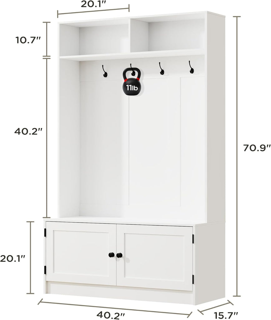 White Hall Tree with Storage, 70.9" Tall Entryway Bench with Shoe Storage, Coat Rack and Top Shelf, Freestanding