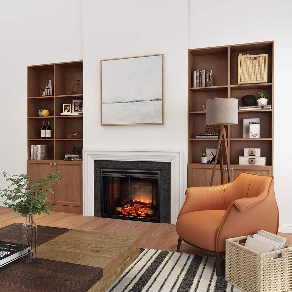 Klaus Electric Fireplace Insert with Fire Crackling Sound, Glass Door and Mesh Screen, 750/1500W, Black