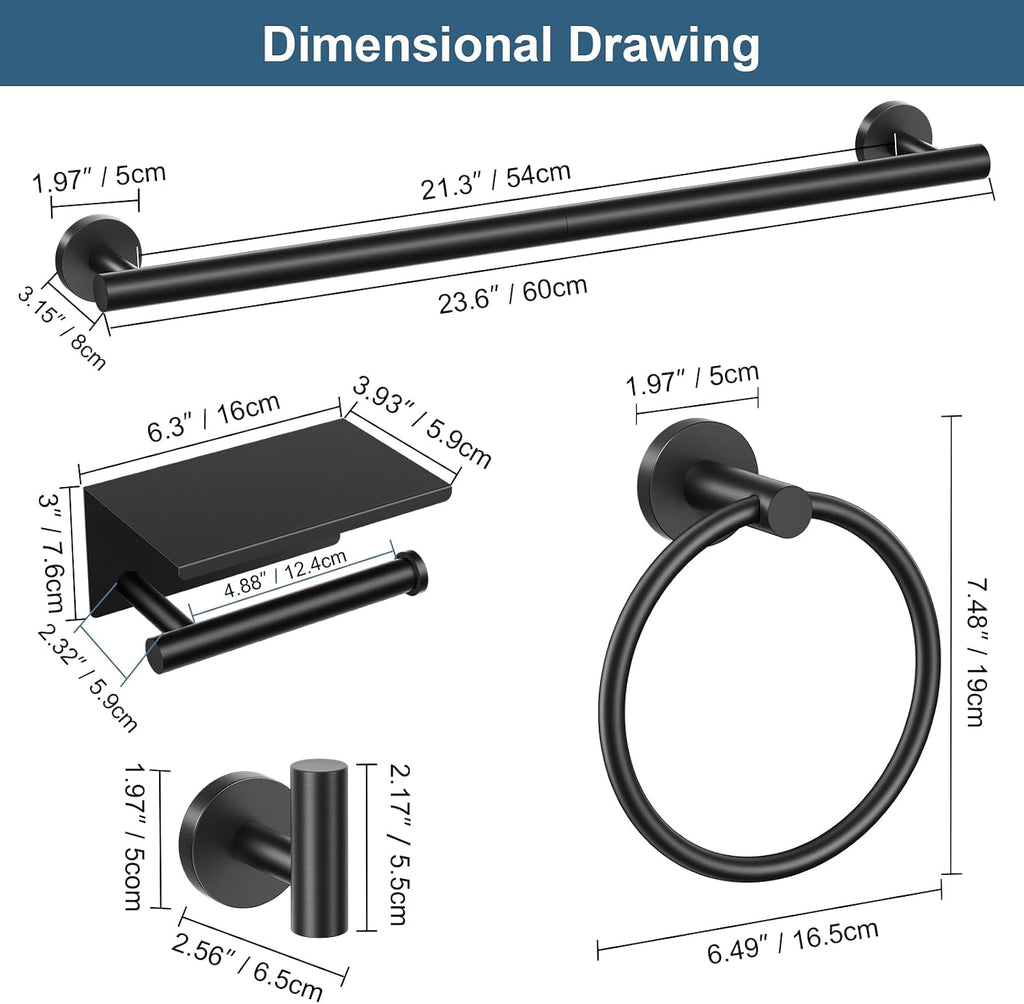 Matte Black Bathroom Hardware Set, 5 Pieces Black Towel Bar Bathroom Accessories Set, Upgraded Toilet Paper Holder