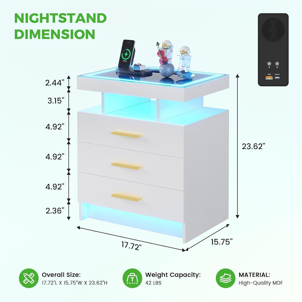 Night Stand Set 2 with LED Lights, High Gloss Nightstand with 3 Drawers,Wireless&USB&Type-C Charging Station,Smart