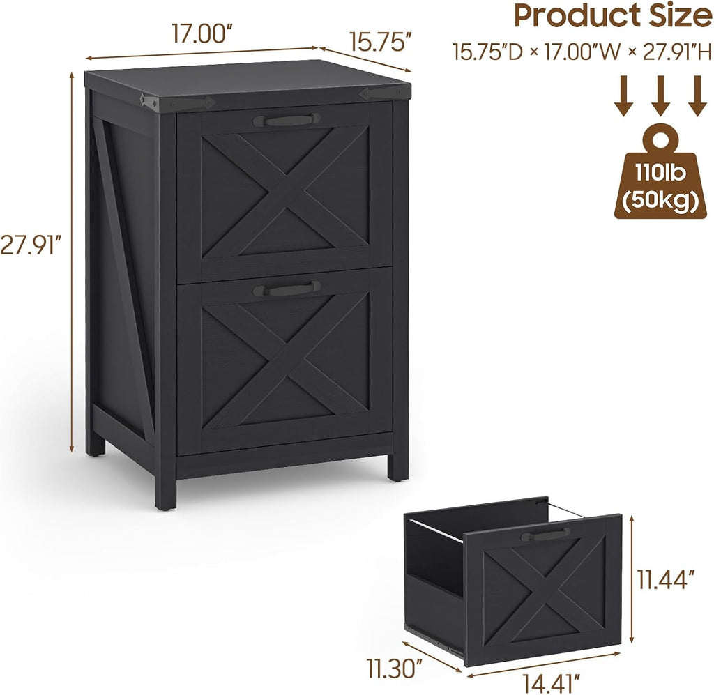 Small Farmhouse File Cabinet with 2 Drawers , Black | Vertical Filing Cabinet Fits Letter and A4 Size, Farmhouse