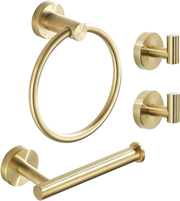 Gold Bathroom Hardware Set, Brushed Gold Toilet Paper Holder Towel Ring and 2 Robe Hook Bathroom Accessories Hand