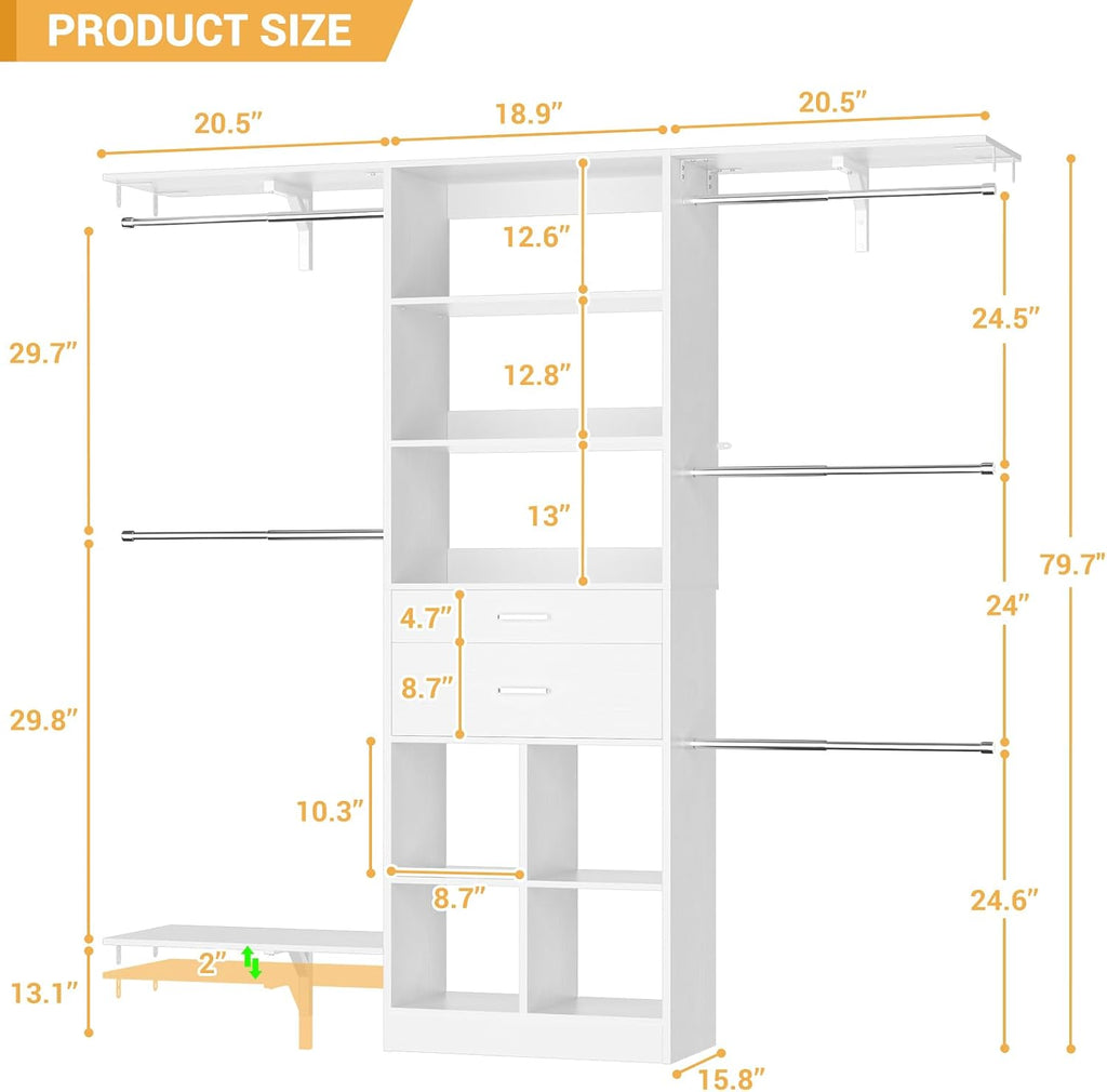 5FT Closet Organizer System with Wooden Drawers, 60 Inches Walk In Closet System With 5 Hanging Rods, Can Fit 1.58 to