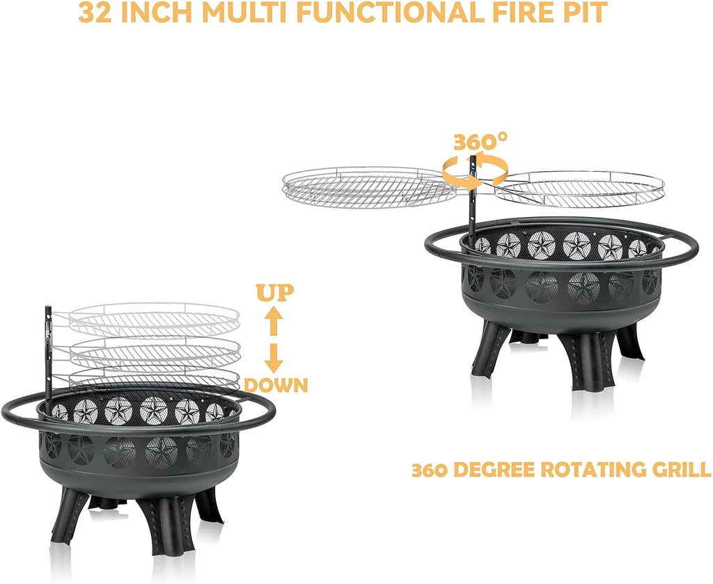 32 Inch Fire Pit with Swivel Cooking Grate,3-in-1 Wood Burning Firepit with Grill,Outdoor Fire Pits Table with Metal