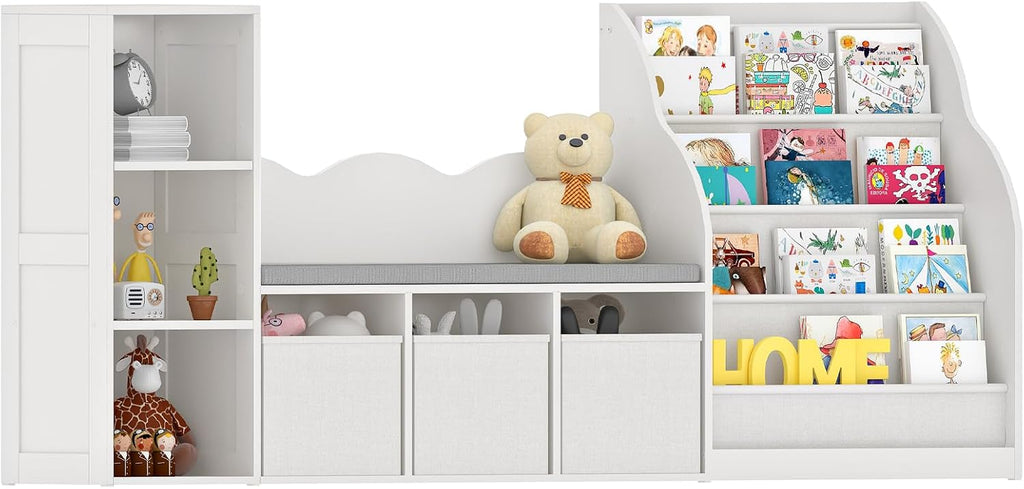 66.9" Kids Bookshelf with Reading Nook, 3-in-1 Kids Bookcase with Cushion and Sling Shelf, Toy Chest Storage with