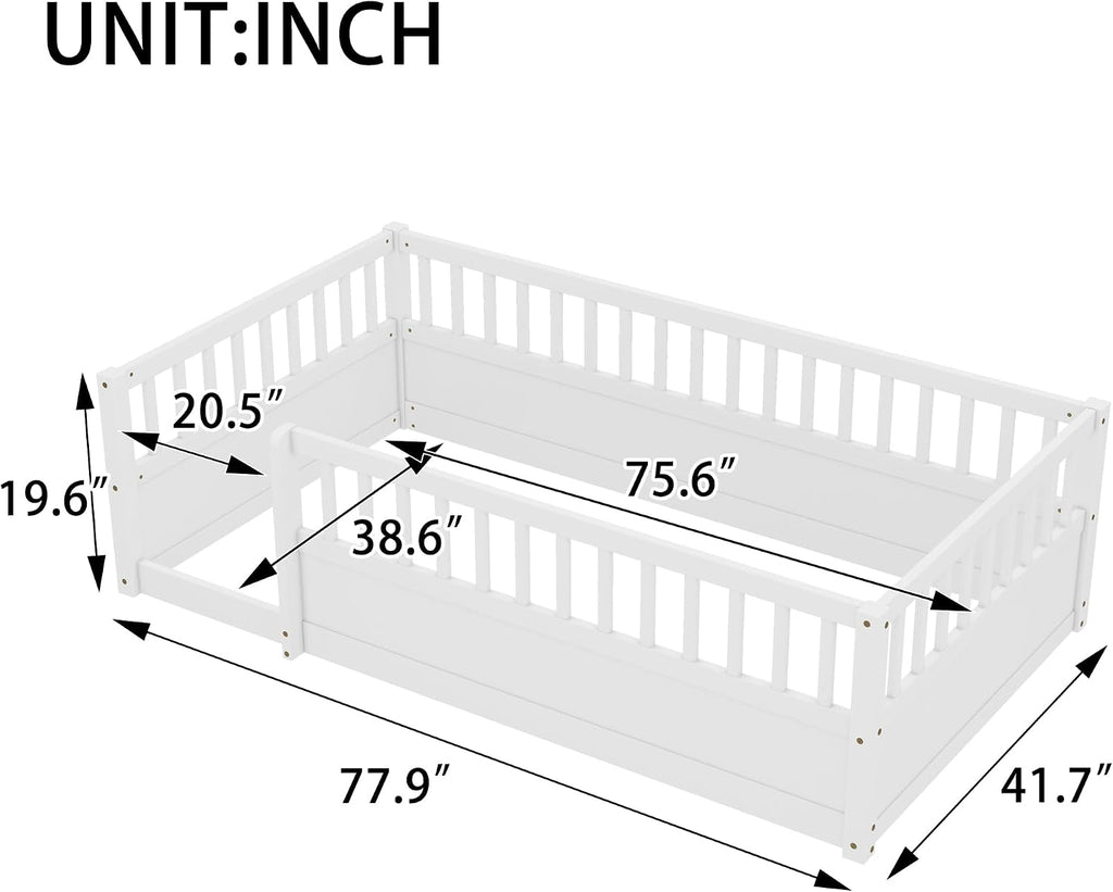 Twin Size Kids Montessori Floor Bed Frame with High Fence,White | Solid Wood,Full Surround Safety Guardrails,Slat