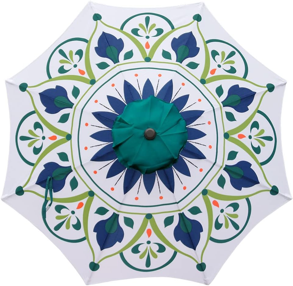 Outdoor Patio Umbrella 9Ft Crank & Tilt Printed Market Umbrella for Picnic Table, Pool, Garden, Deck, Backyard and Beach