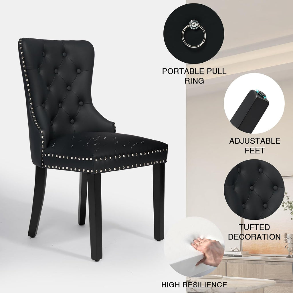 PU Leather Dining Chairs Set of 2, Upholstered Dining Room Chairs with Wooden Legs & Pull Ring, Modern Kitchen Chairs