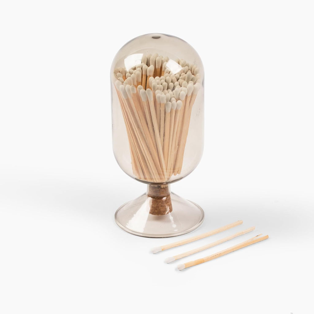 Premium Smoke Glass Cloche - Decorative Jar with Striker. Holder for Long Matches for Candles, Fireplace, Bathroom