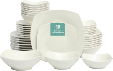 Brentwood 40-Piece Dinnerware Set - Square White Porcelain Plates and Bowls, Service for 8