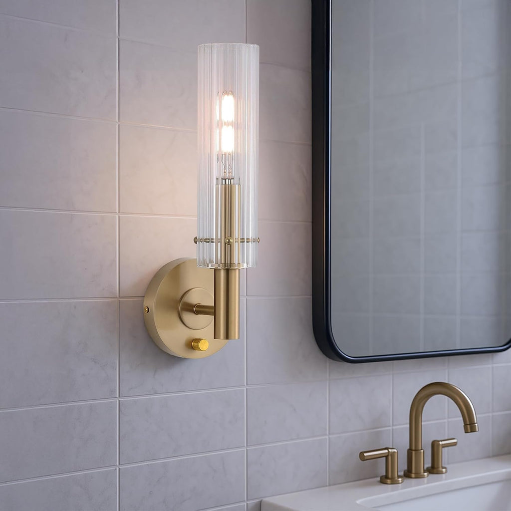Modern Wall Sconces with Dimmer ON/Off Switch Gold Brushed Brass Bathroom Vanity Light Fixtures Striped Clear Glass