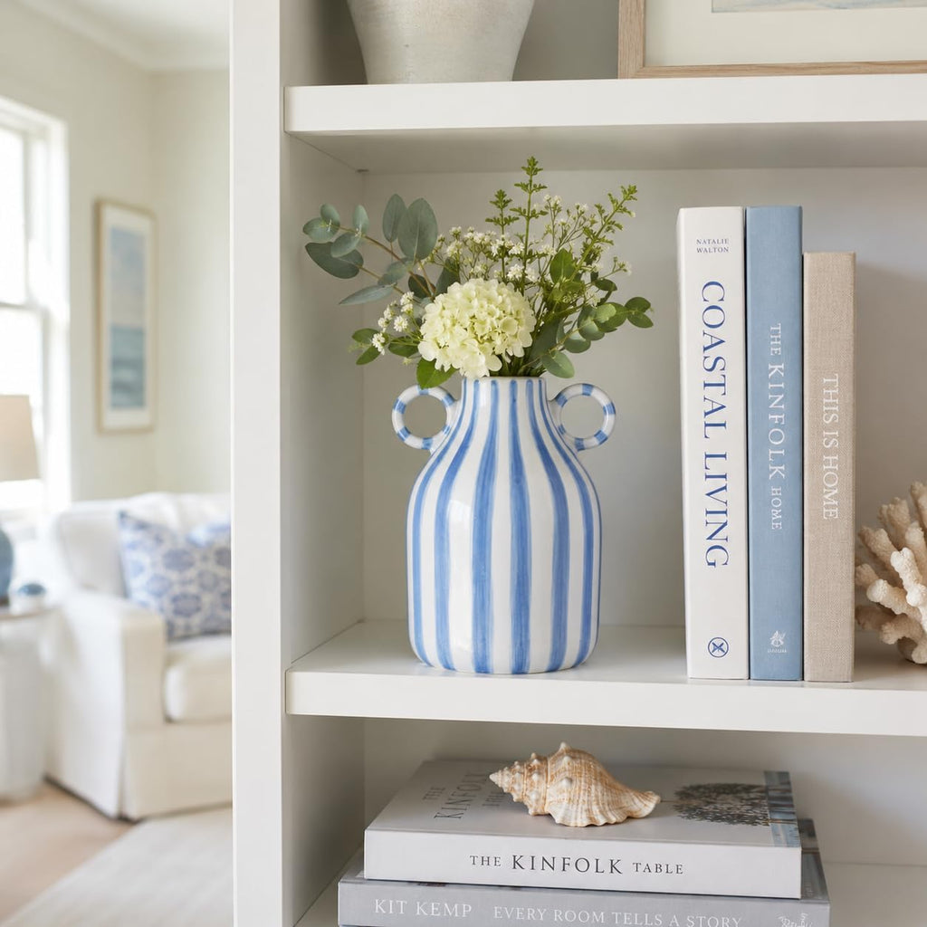 Blue and White Ceramic Vase with Handle, Nordic Boho Small Vases Side Table Flower Centerpiece, Wide Mouth Single