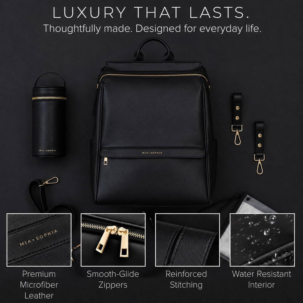 Leather Diaper Bag Backpack with USB Charging port, Changing Pad, Stroller Straps, and Bottle Holder (Black Sophia)