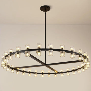 Modern Large 60inch Black Round Chandelier, 60-Light Crystal Chandelier for Living Room,Indoor Large Space Chandelier Fixtures,Farmhouse Wagon Wheel Chandelier,Including Lightbulbs