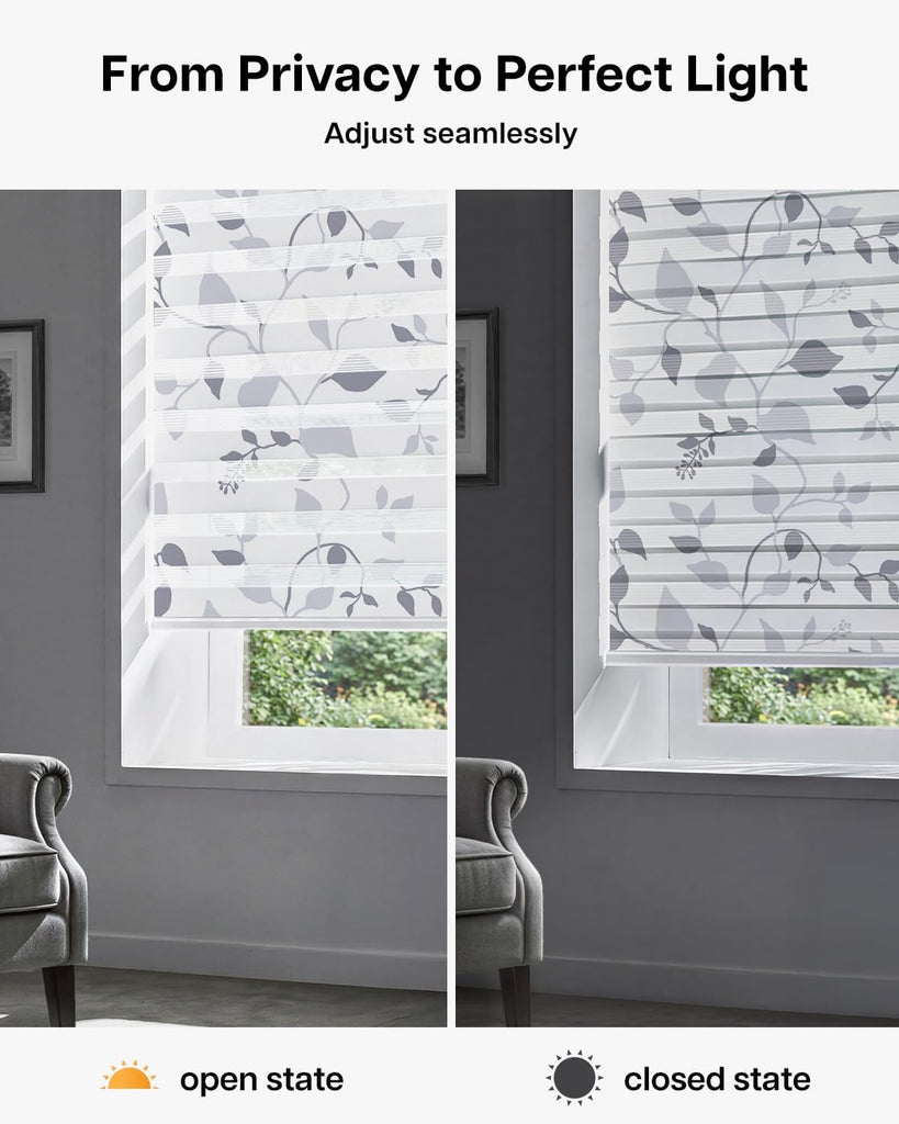 Cordless Zebra Blinds for Windows, Foggy Laurel| Patterned Dual Layer Free-Stop Roller Shades