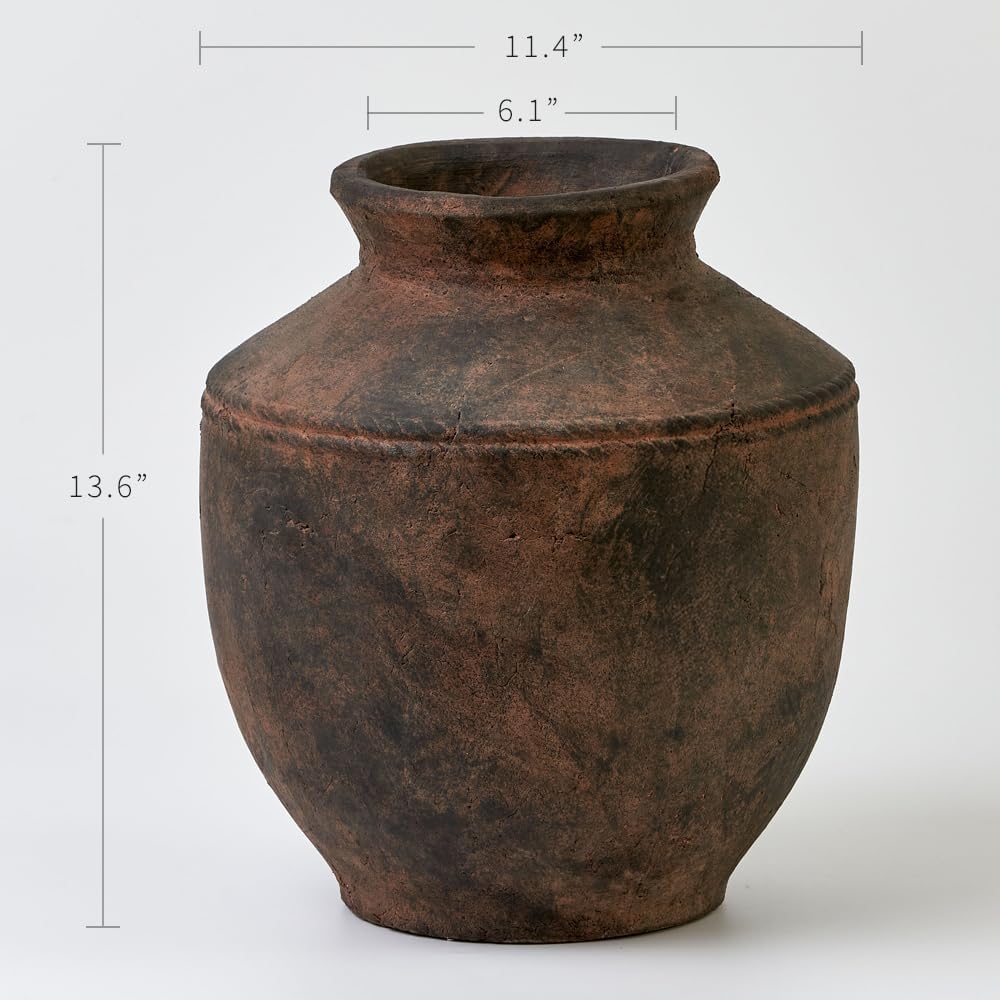 Ceramic Rustic Vase, 13.6" Tall Zen Style Terra Cotta Pitcher, Distressed Farmhouse Decor, Pottery Decorative Flower