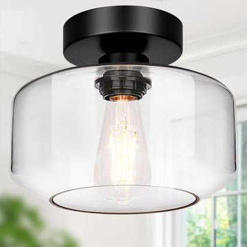 Industrial Semi Flush Mount Ceiling Light Black, Clear Glass Shade Ceiling Light Fixture, Farmhouse Light Fixtures