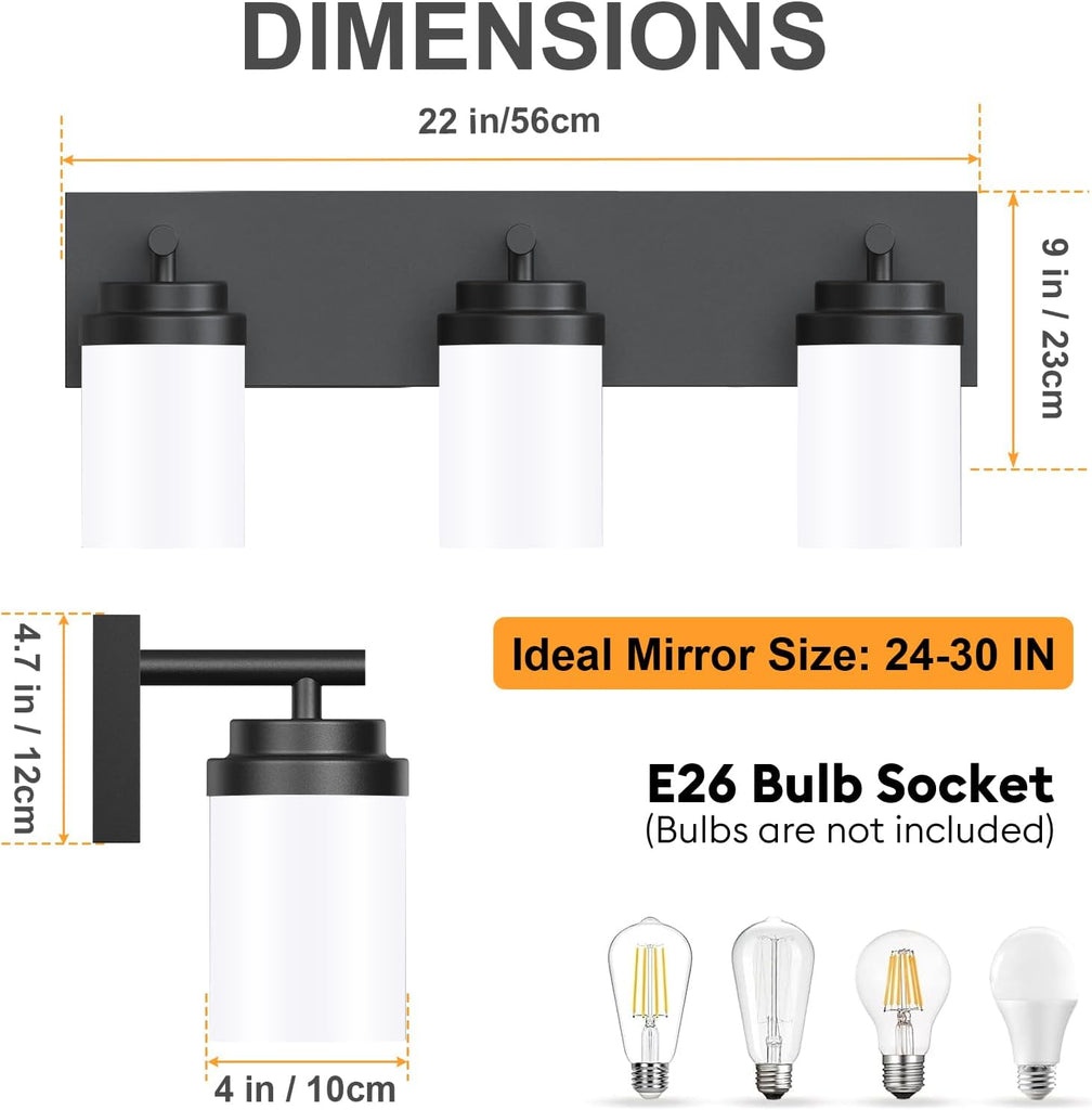 Bathroom Vanity Light Fixture, 3-Light 22 Inch Matte Black Bathroom Light Fixtures Over Mirror, with White Glass