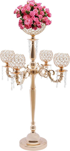 Gold Centerpieces for Table, 5 Arm Crystal Candelabra Holder with Pendant, 4 Candle Slots & 1 Flower Vase, Table