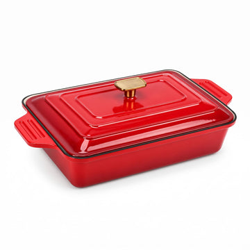 4 QT Enameled Cast Iron Casserole Dish with Lid, Rectangular Lasagna Pan