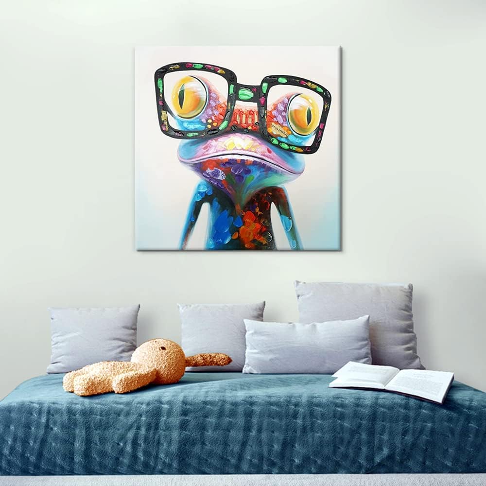 Frog Canvas Wall Art Colorful Animal Painting Pictures Happy Frog with Glasses Oil Painting Modern Framed Artwork