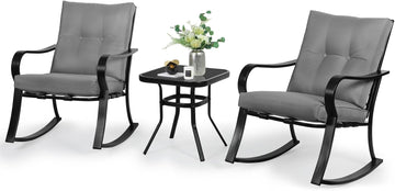 3-Piece Outdoor Rocking Chairs Bistro Set, Black Iron Patio Furniture with Gray Thickened Cushion & Glass-Top Coffee